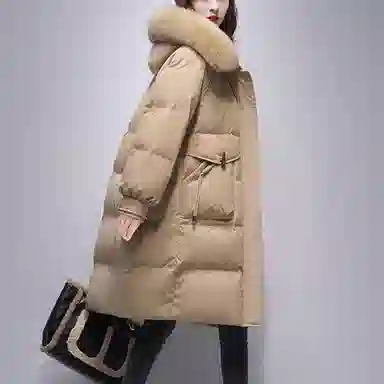 鸭鸭 纯色连帽通勤拉链加厚长袖羽绒服 女款