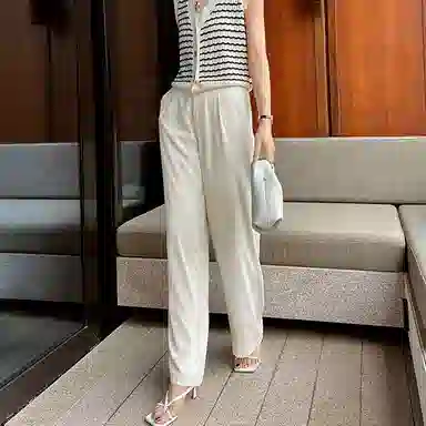 美洋 简约高腰直筒休闲裤 女款 米色