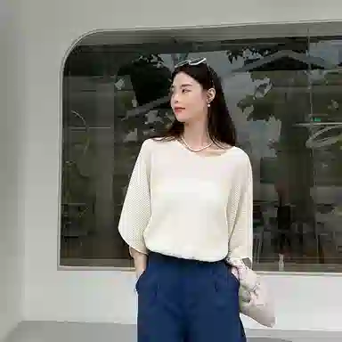 美洋 条纹通勤简约宽松圆领七分袖毛衣 女款 米色