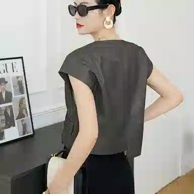 美洋 纯色西装领一粒扣短款无袖马甲 女款 气质灰