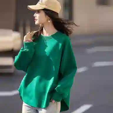 【dme】 宽松纯色圆领套头长袖卫衣 女款 翠绿