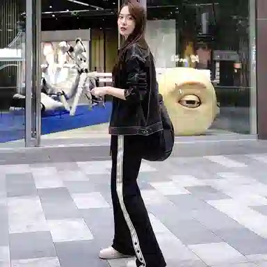 美洋 抓绒侧条纹开叉休闲裤 女款 黑色