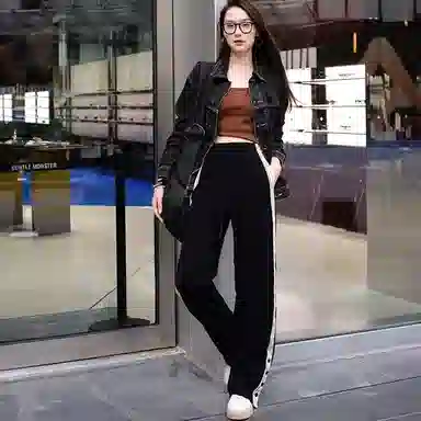 美洋 抓绒侧条纹开叉休闲裤 女款 黑色