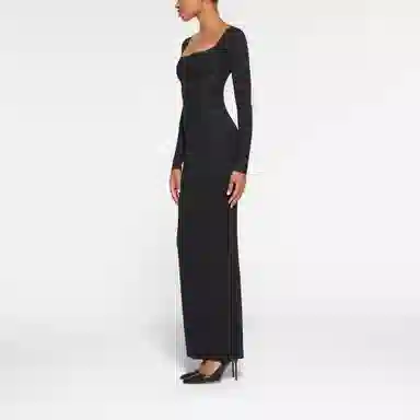SKIMS BODY LONG SLEEVE LONG DRESS ONYX