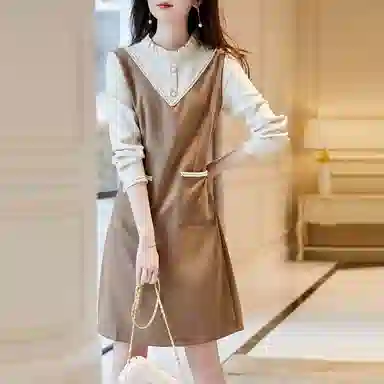 【dme】 假两件气质复古收腰长袖连衣裙 淡咖色