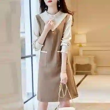 【dme】 假两件气质复古收腰长袖连衣裙 淡咖色