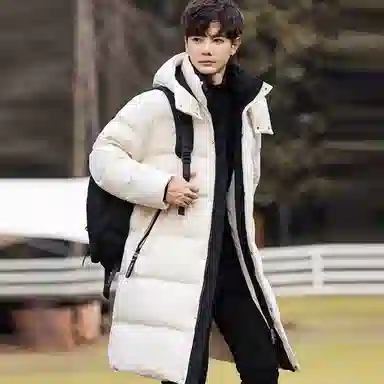 雅鹿 纯色图案连帽长款长袖羽绒服 男款