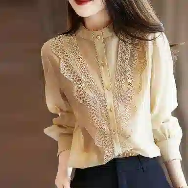 【dme】 纯色立领休闲蕾丝花边长袖衬衫 女款 卡其