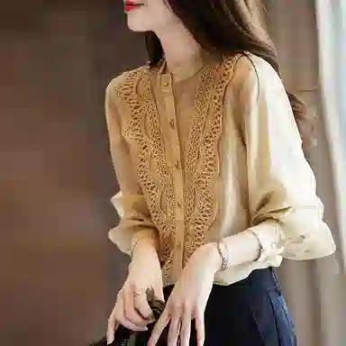 【dme】 纯色立领休闲蕾丝花边长袖衬衫 女款 卡其