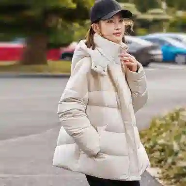 【dme】 纯色连帽拼接宽松休闲长袖羽绒服 女款 米白