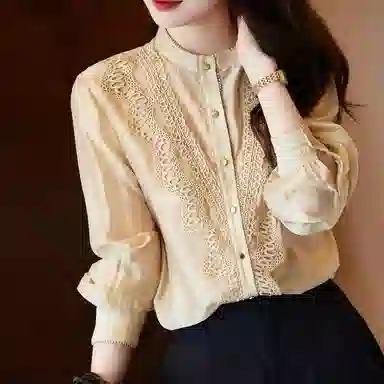 【dme】 纯色立领休闲蕾丝花边长袖衬衫 女款 卡其