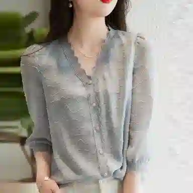 【dme】 碎花单排扣纯色长袖衬衫 女款