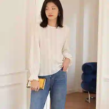 【dme】 蕾丝休闲圆领宽松套头长袖衬衫 女款 白色