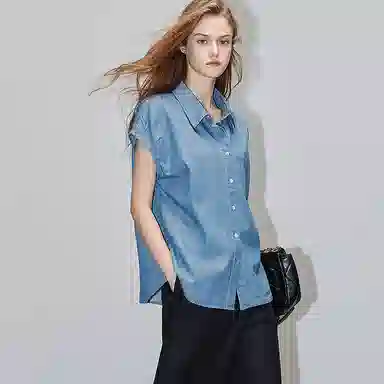 【dme】 休闲尖领纯色短袖衬衫 女款 中牛仔蓝