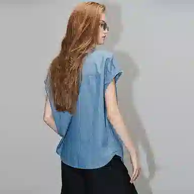 【dme】 休闲尖领纯色短袖衬衫 女款 中牛仔蓝