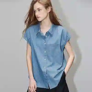 【dme】 休闲尖领纯色短袖衬衫 女款 中牛仔蓝