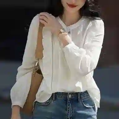 【dme】 时尚圆领气质休闲木耳边拼接法式长袖衬衫 女款 本白