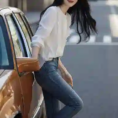 【dme】 时尚圆领气质休闲木耳边拼接法式长袖衬衫 女款 本白