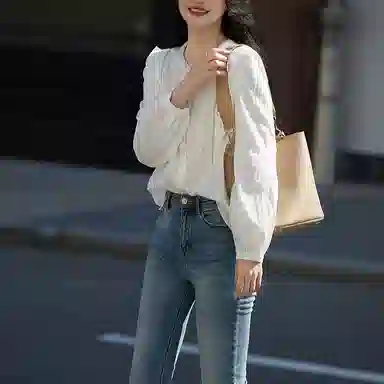 【dme】 时尚圆领气质休闲木耳边拼接法式长袖衬衫 女款 本白