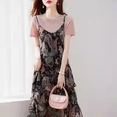 【dme】 新款时尚拼接收腰显瘦吊带连衣裙 印花