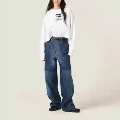 Miu Miu SS24 Logo Print Cropped Sweatshirt White