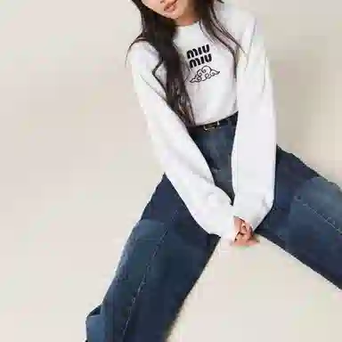 Miu Miu SS24 Logo Print Cropped Sweatshirt White