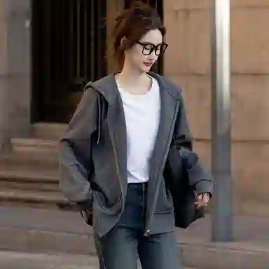 【dme】 纯色连帽拉链插肩长袖卫衣 女款