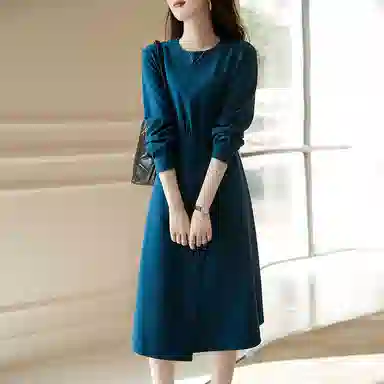 【dme】 纯色复古不规则圆领长袖连衣裙 醇蓝