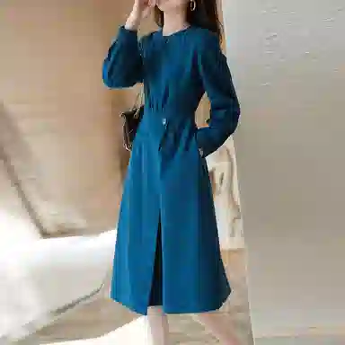 【dme】 纯色复古不规则圆领长袖连衣裙 醇蓝