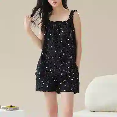 浪莎 简约舒适上衣松紧腰短裤睡衣套装 女款 黑色
