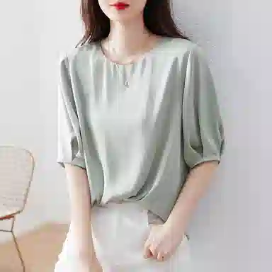 【dme】 纯色圆领搭休闲短袖衬衫 女款 灰豆绿