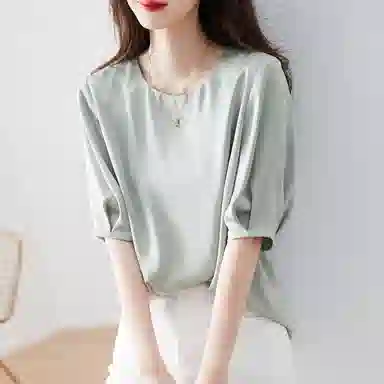 【dme】 纯色圆领搭休闲短袖衬衫 女款 灰豆绿