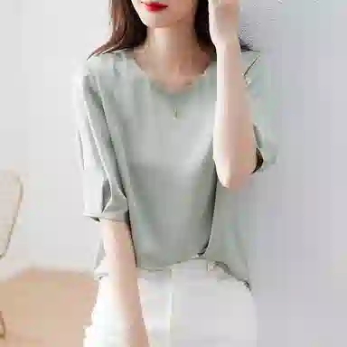 【dme】 纯色圆领搭休闲短袖衬衫 女款 灰豆绿