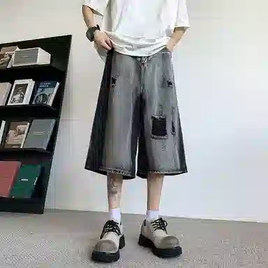 沐诚阳译 美式高街复古潮流破洞水洗百搭七分工装阔腿裤时尚牛仔短裤 男女同款 经典灰色