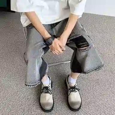 沐诚阳译 美式高街复古潮流破洞水洗百搭七分工装阔腿裤时尚牛仔短裤 男女同款 经典灰色