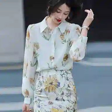 【dme】 印花休闲通勤尖领长袖衬衫 女款 黄色