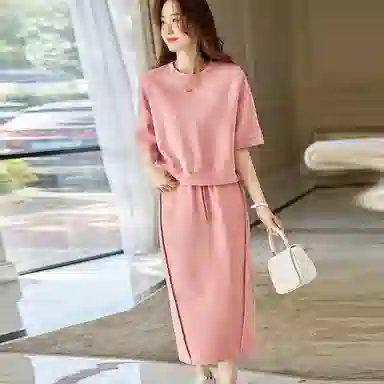 【dme】 圆领套头短袖卫衣纯色休闲中长裙裙装套装 女款 古粉
