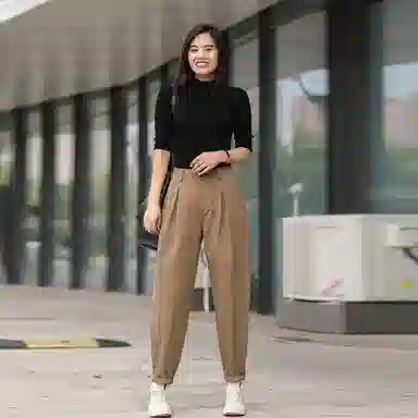 善己 宽松高腰通勤休闲裤 女款 卡其色