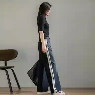 善己 直筒拼接高腰牛仔裤 女款 蓝黑