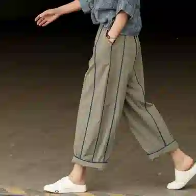 善己 纯色阔腿宽松休闲裤 女款 绿灰色