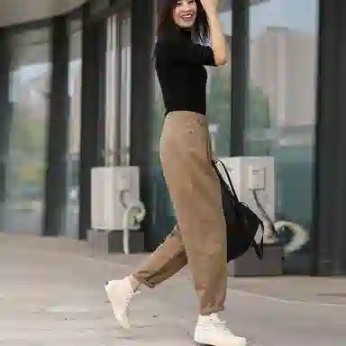 善己 宽松高腰通勤休闲裤 女款 卡其色