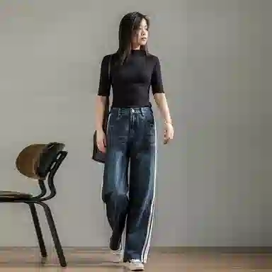 善己 直筒拼接高腰牛仔裤 女款 蓝黑