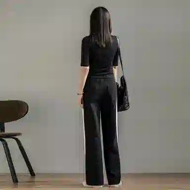 善己 直筒拼接高腰牛仔裤 女款 蓝黑