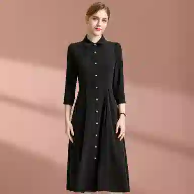 粉红玛琍 纯色翻领高腰长袖连衣裙 女款 黑色