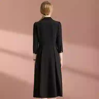 粉红玛琍 纯色翻领高腰长袖连衣裙 女款 黑色