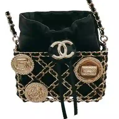 CHANEL Chain Drawstring Leather Coin Bag Black