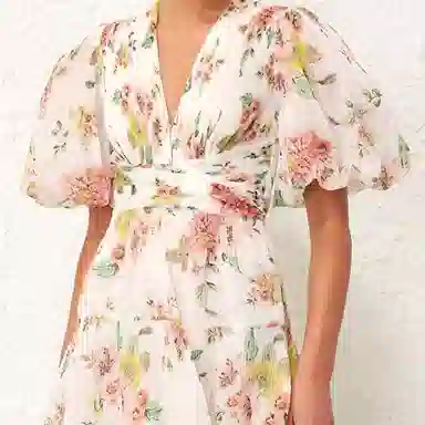 Zimmermann Floral V-Neck Mini Dress White