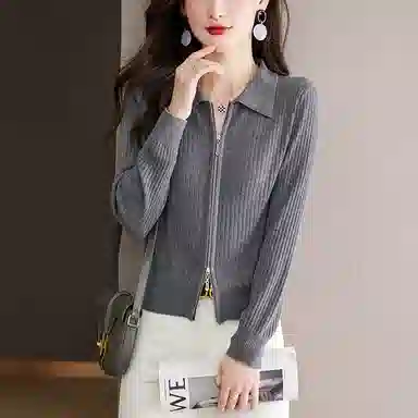 曲韩 气质翻领长袖针织衫 女款