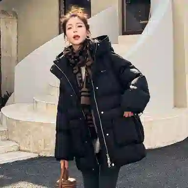 鸭鸭 连帽宽松中长款羽绒服 女款 黑色