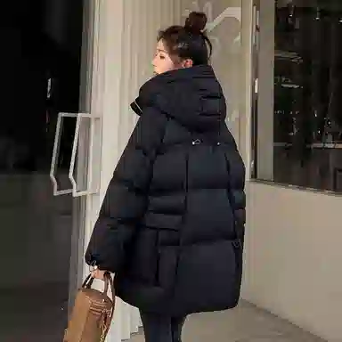 鸭鸭 连帽宽松中长款羽绒服 女款 黑色